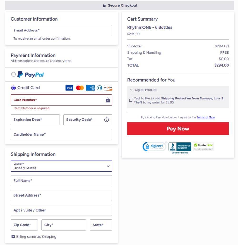Secure payment for RhythmONE safe checkout brain supplement order